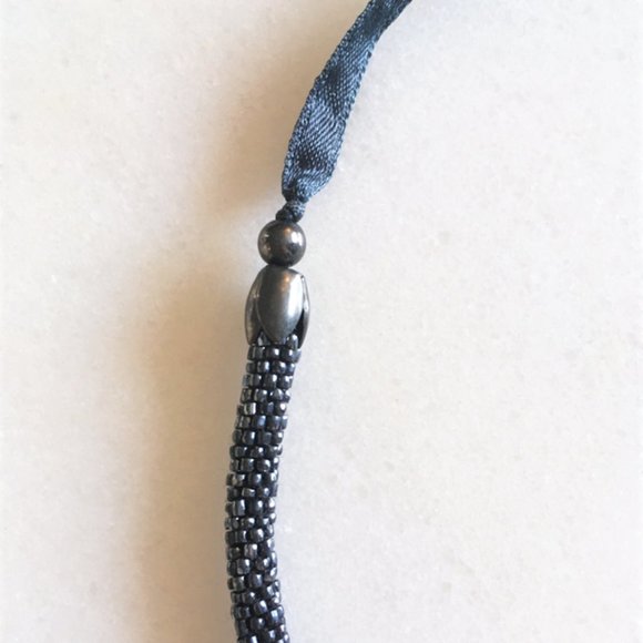 New! Club Monaco navy beaded necklace, ribbon tie / bow detail - Picture 2 of 4